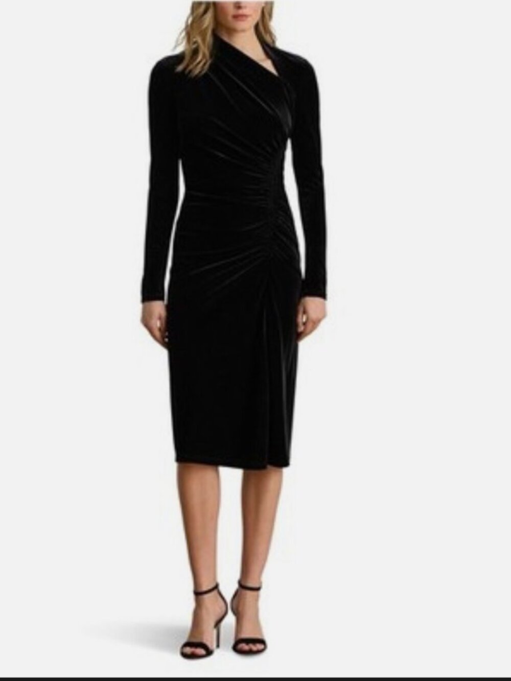 NWT Lauren Ralph Lauren Black Velvet Ruched Midi Dress Size 14
